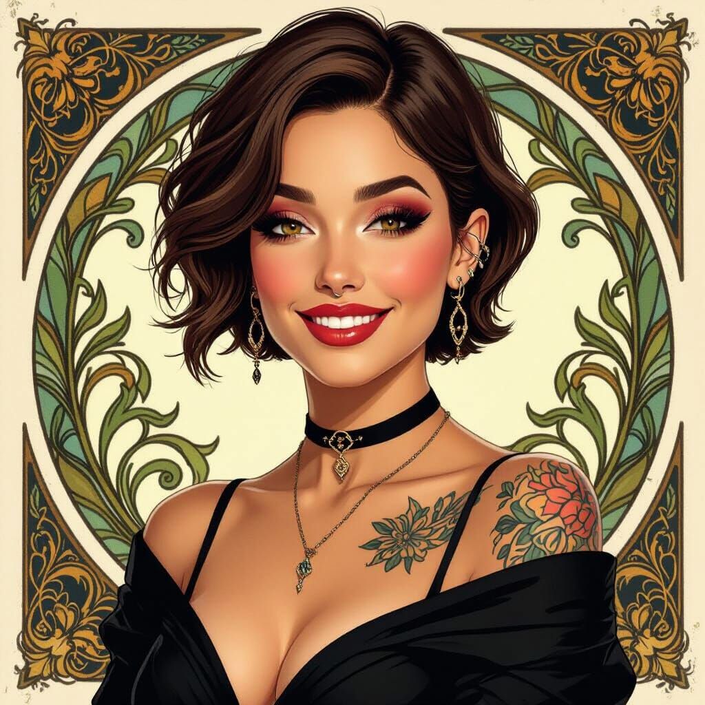 Smiling Mediterranean Woman in Art Nouveau Style