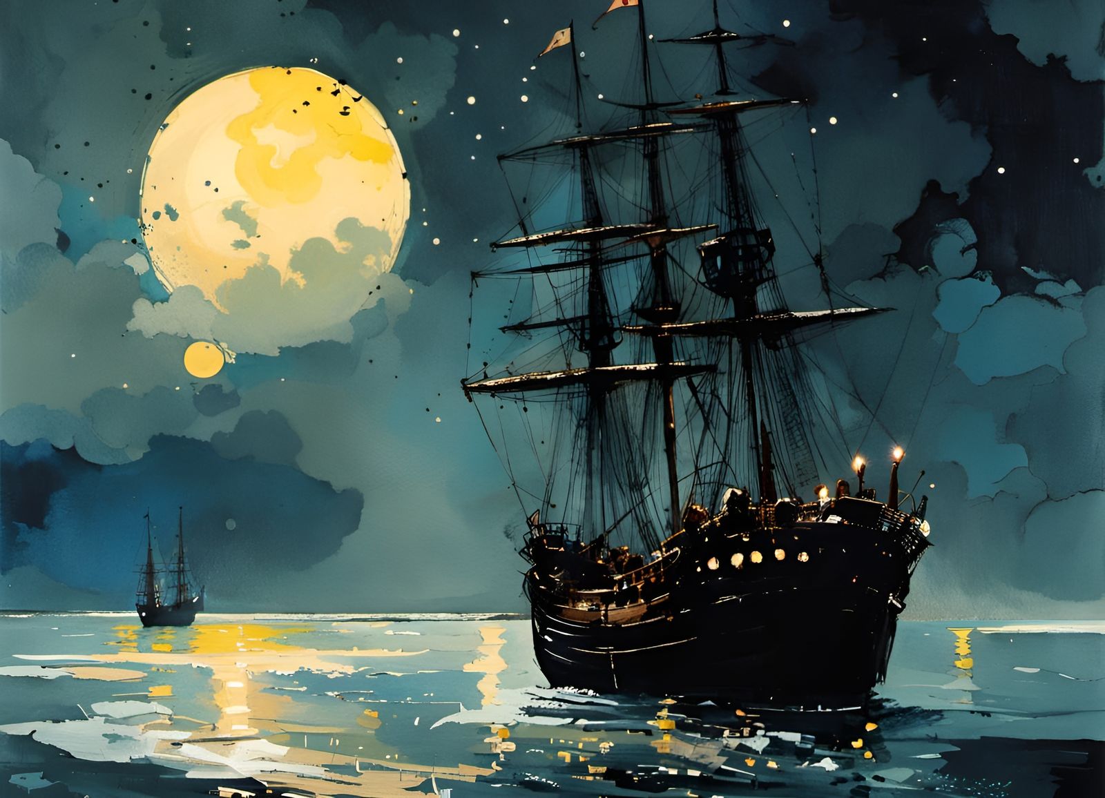 Ship on Stormy Seas in Gouache Watercolour Style