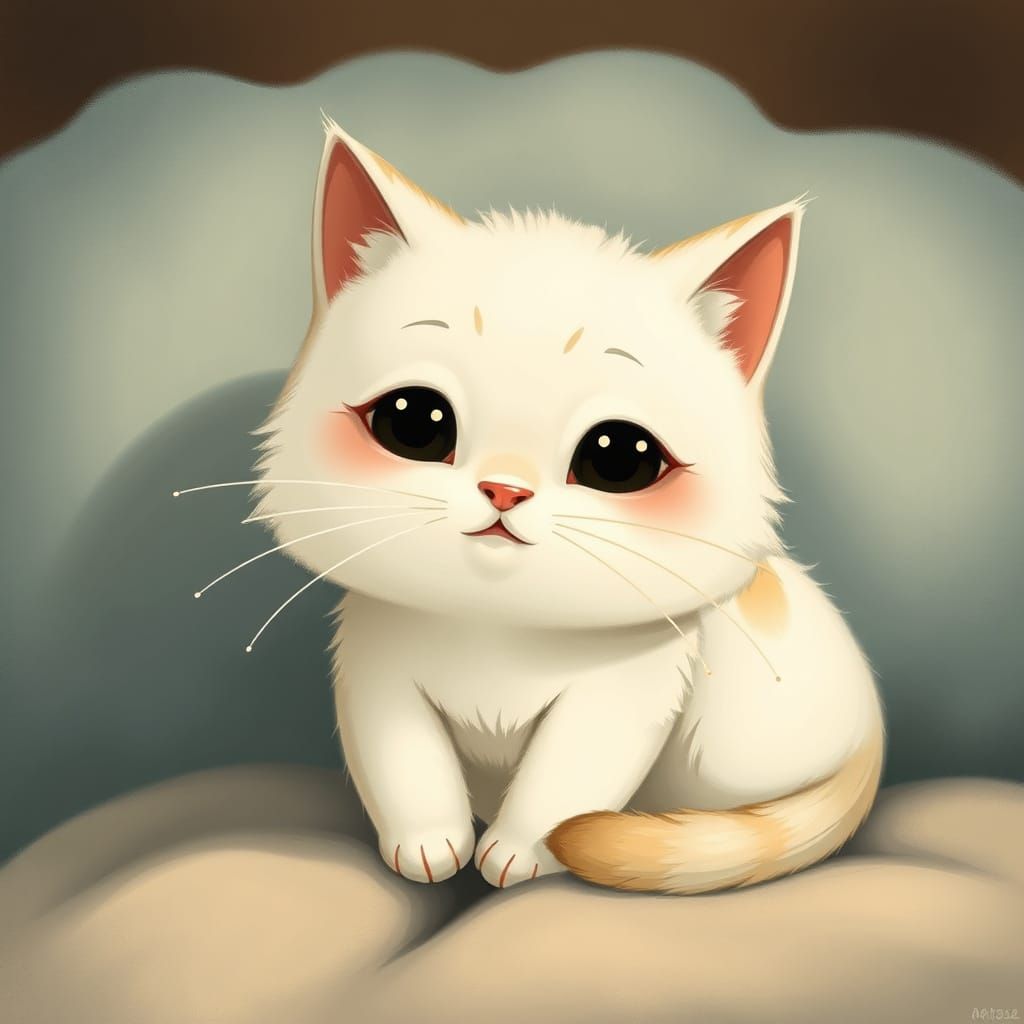 Whimsical Longhaired Kitten on Soft Cushion in Warm Watercol...