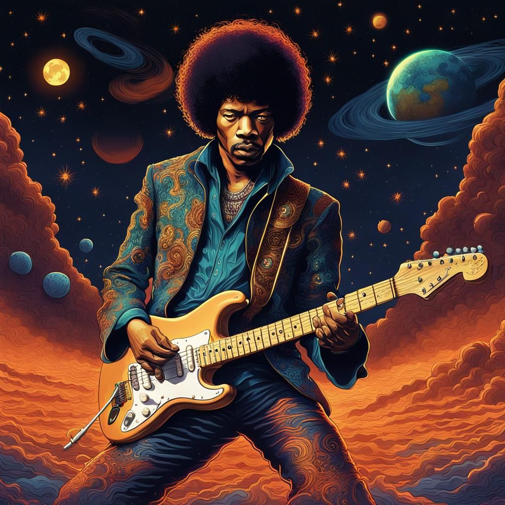 Hendrix on Neptune with Burning Guitar, Moebius Style