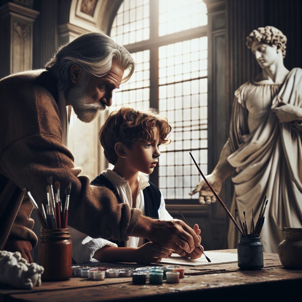 Renaissance Master Teaching Apprentice in Art Studio