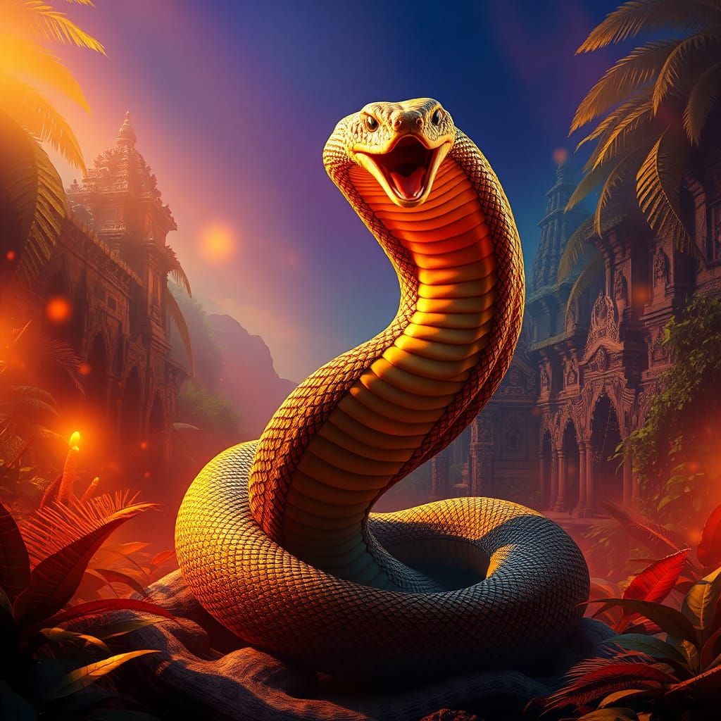 Majestic King Cobra in Ancient Temple Ruins