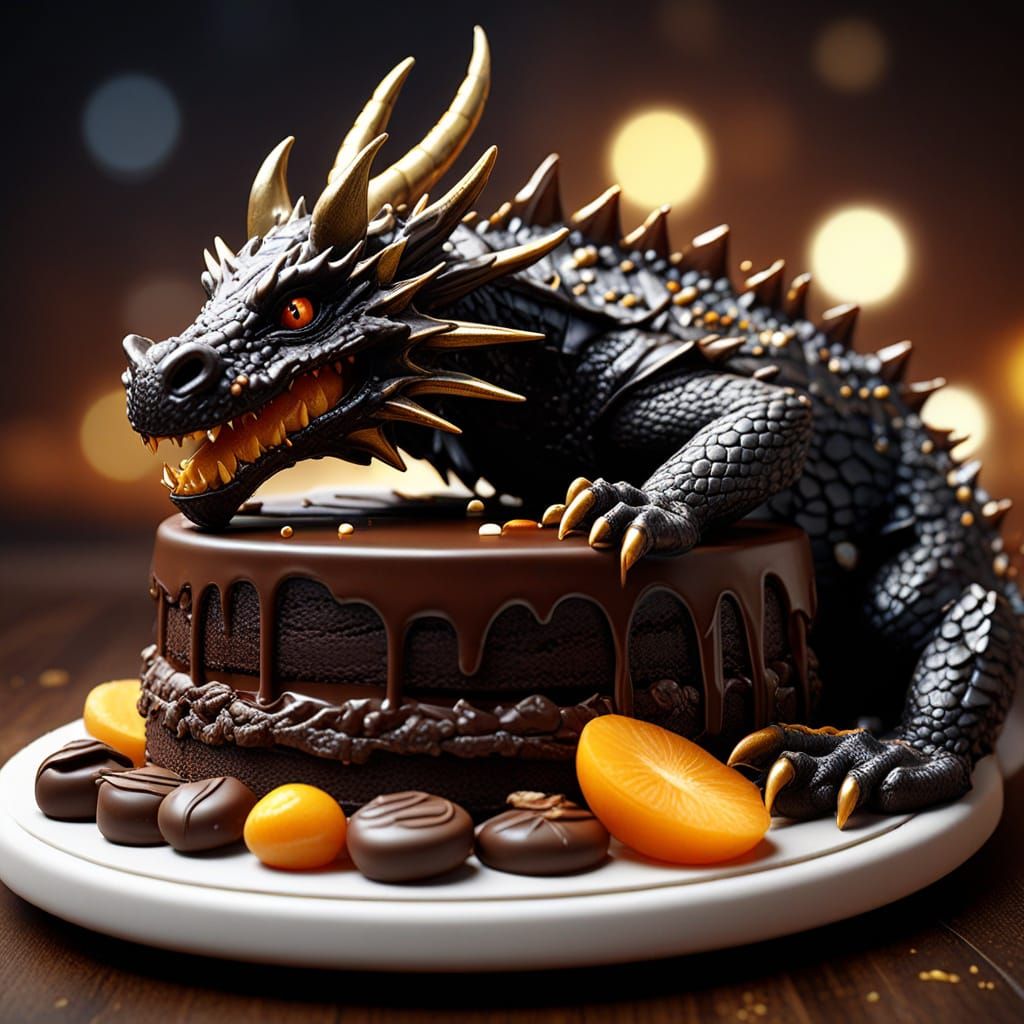 Dark Chocolate Dragon on Sacher Torte: 3D Art