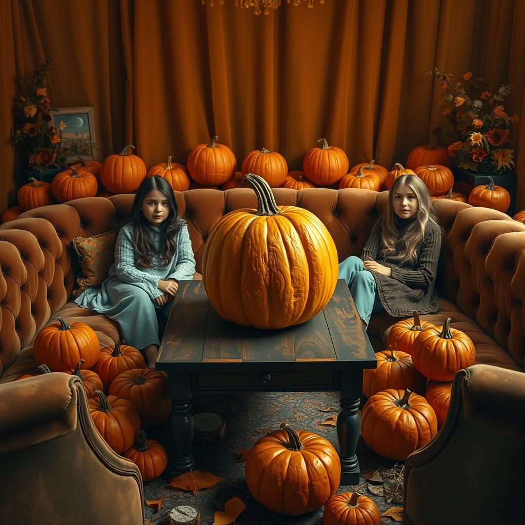 Girls in Autumnal Setting with Pumpkins