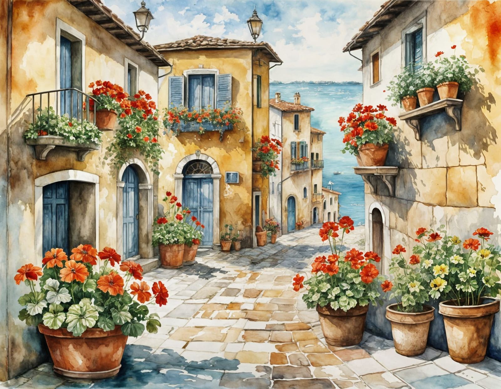 Italian Seaside Village Watercolor Illustration