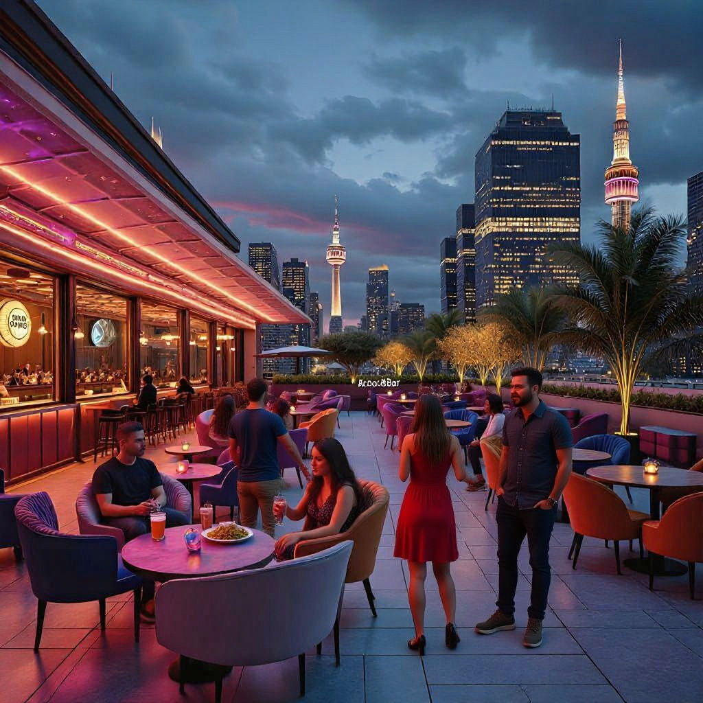 Rooftop Bar Scene With Sci-Fi Elements