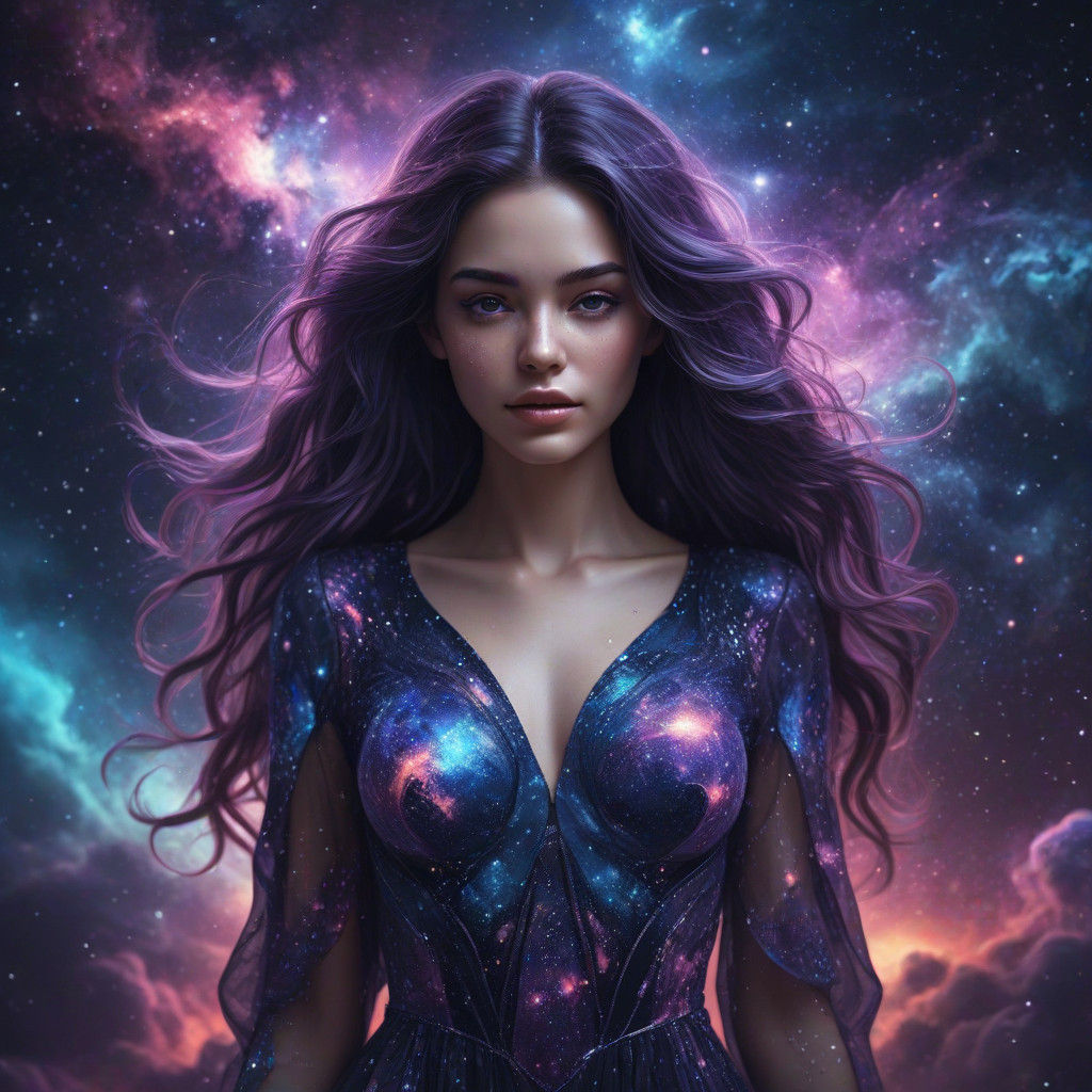 Mystical Woman in Cosmic Glory with Galaxy Dress and Planeta...
