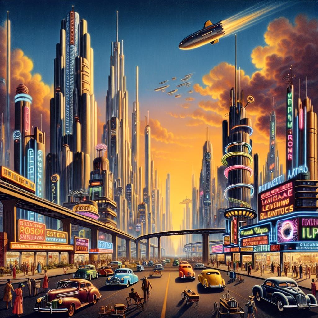 Retro-Futuristic American Cityscape with Art Deco Skyscraper...