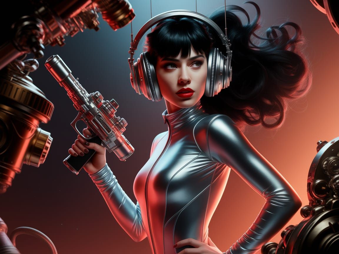Sci-Fi Woman in Silver Bodysuit with Space Blaster