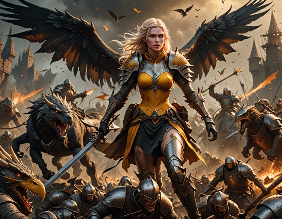 Epic Fantasy Warrior Rides Fierce Yellow Terror Bird into Ba...
