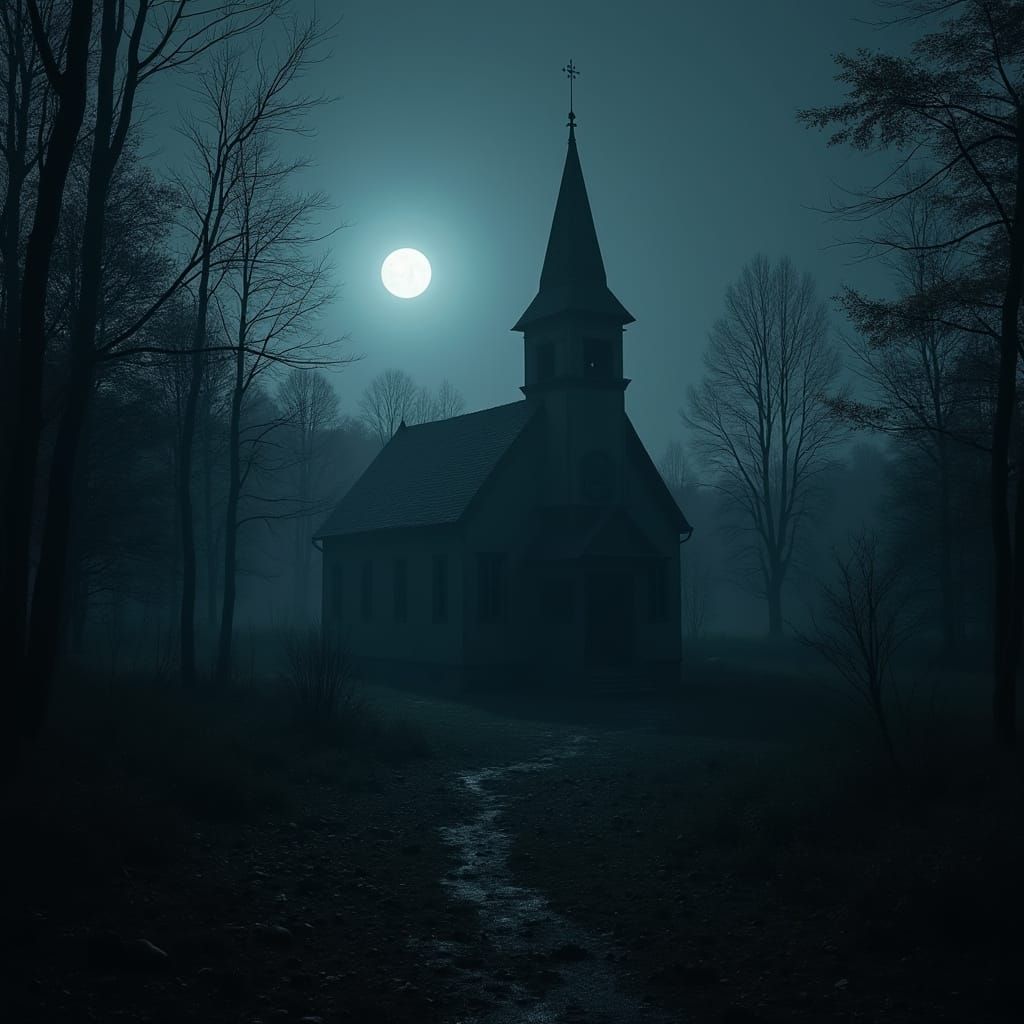 Eerie Abandoned Church in Forest at Night