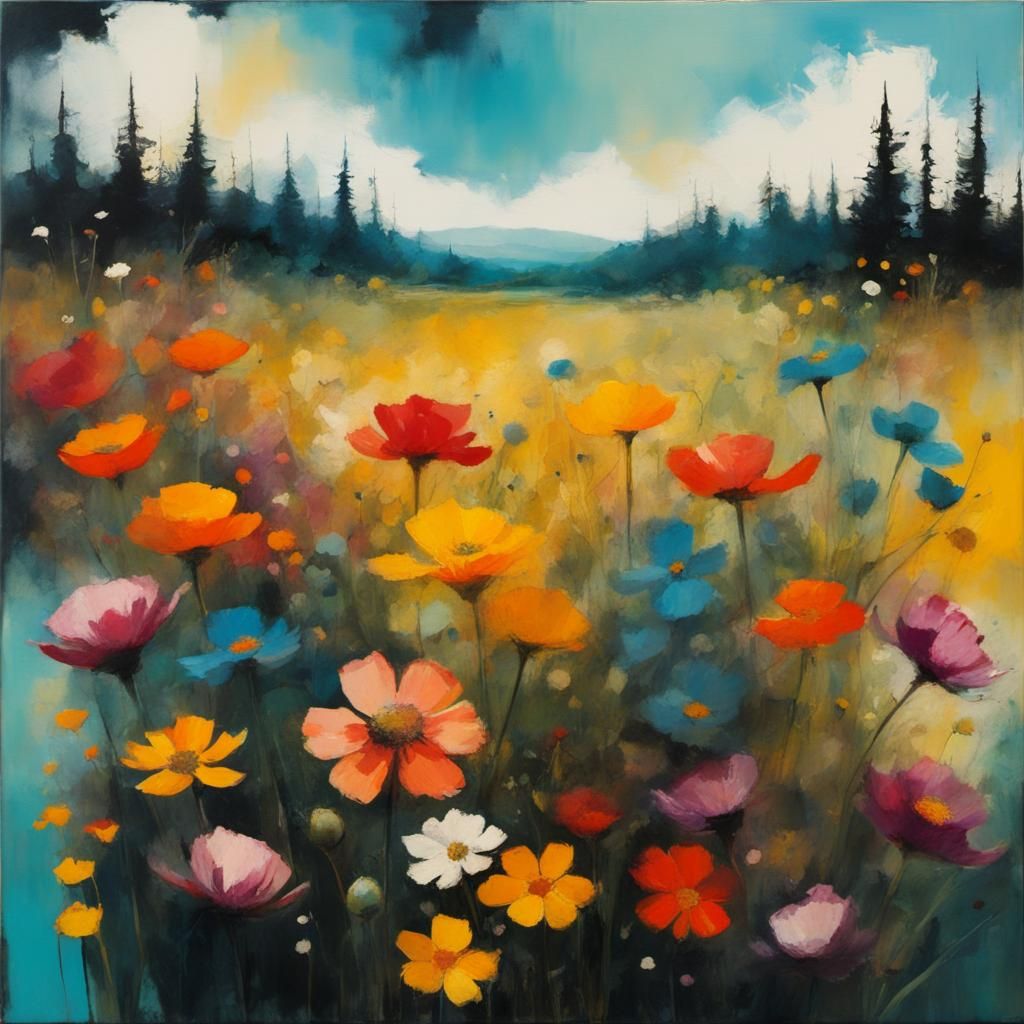 Wild Flowers in Meadow: Encaustic Grunge Painting