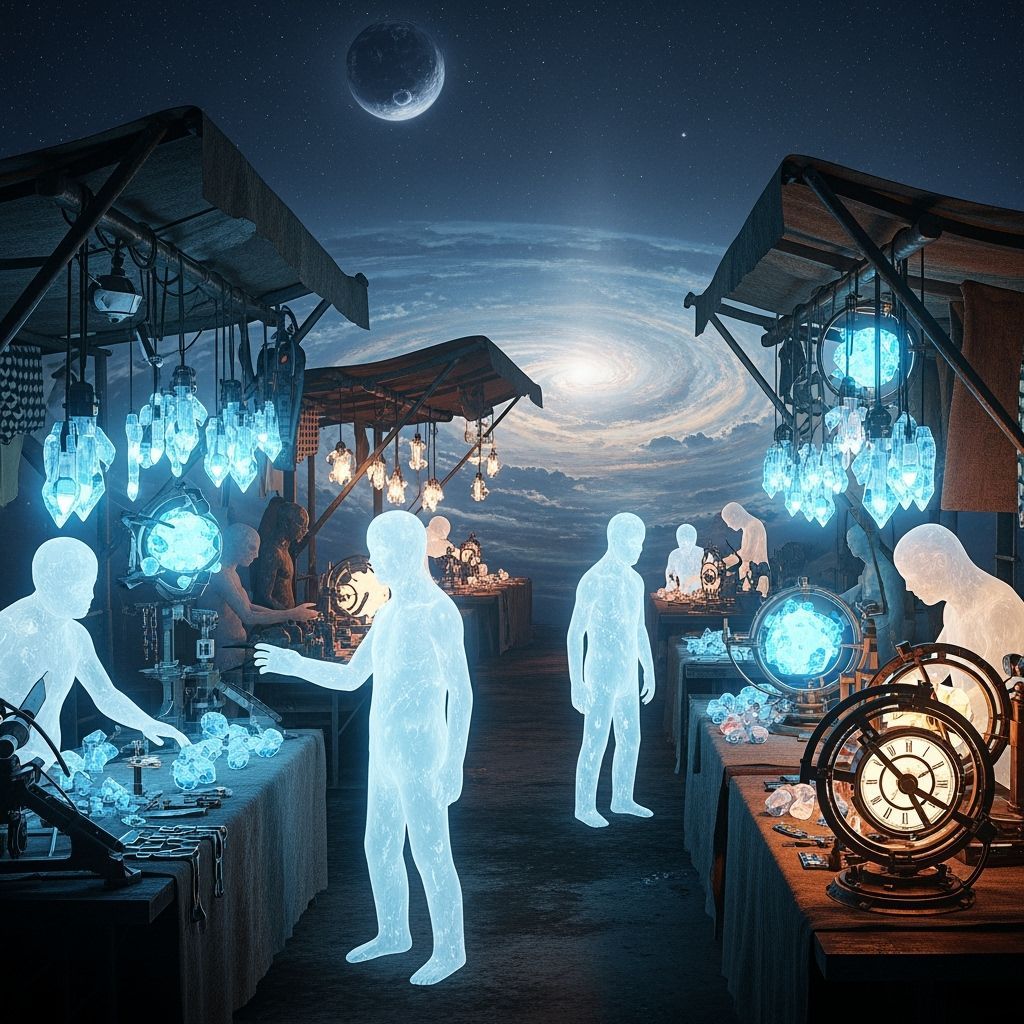 Zero-Gravity Alien Marketplace with Cosmic Clouds