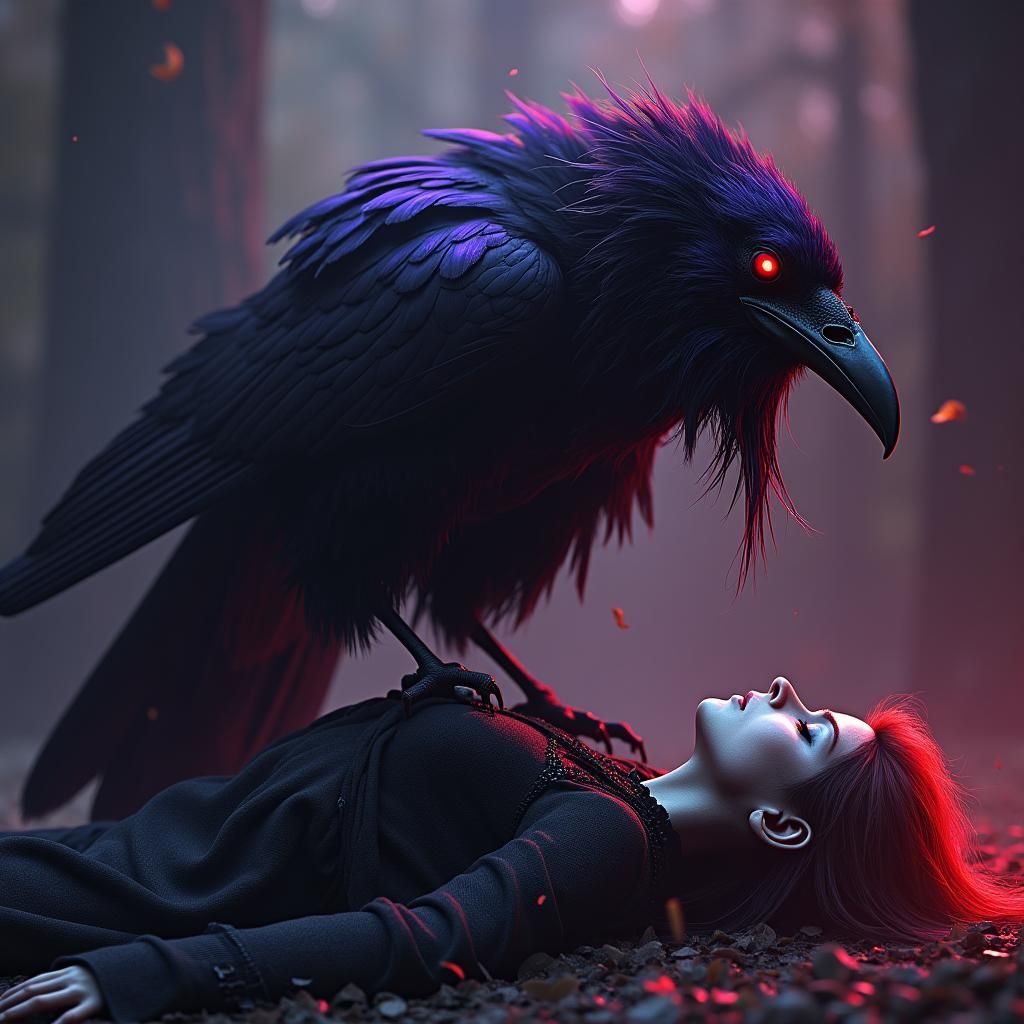 Gothic Girl and Raven in Dark Fantasy Art