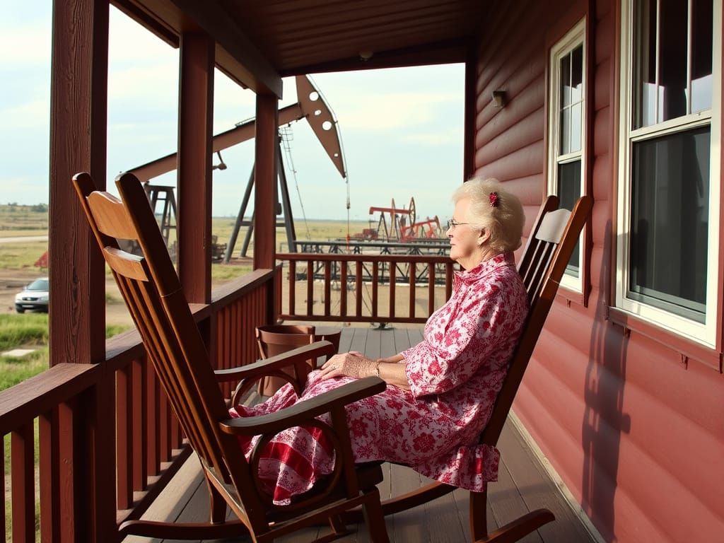 Grandma on Porch Overlooking Oil Rigs