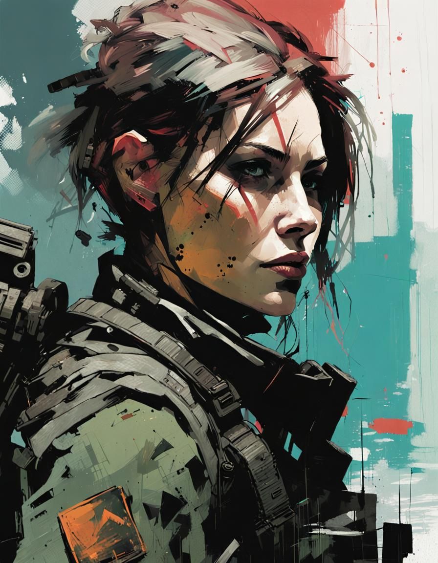 Dynamic Portrait of a Mercenary in Mixed Media