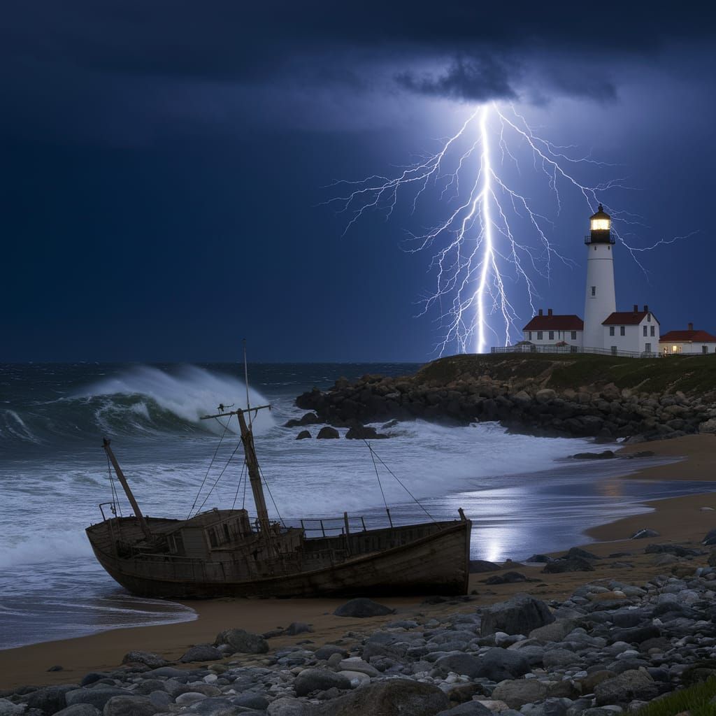 Dramatic Thunderstorm at Lighthouse on Rocky Beach