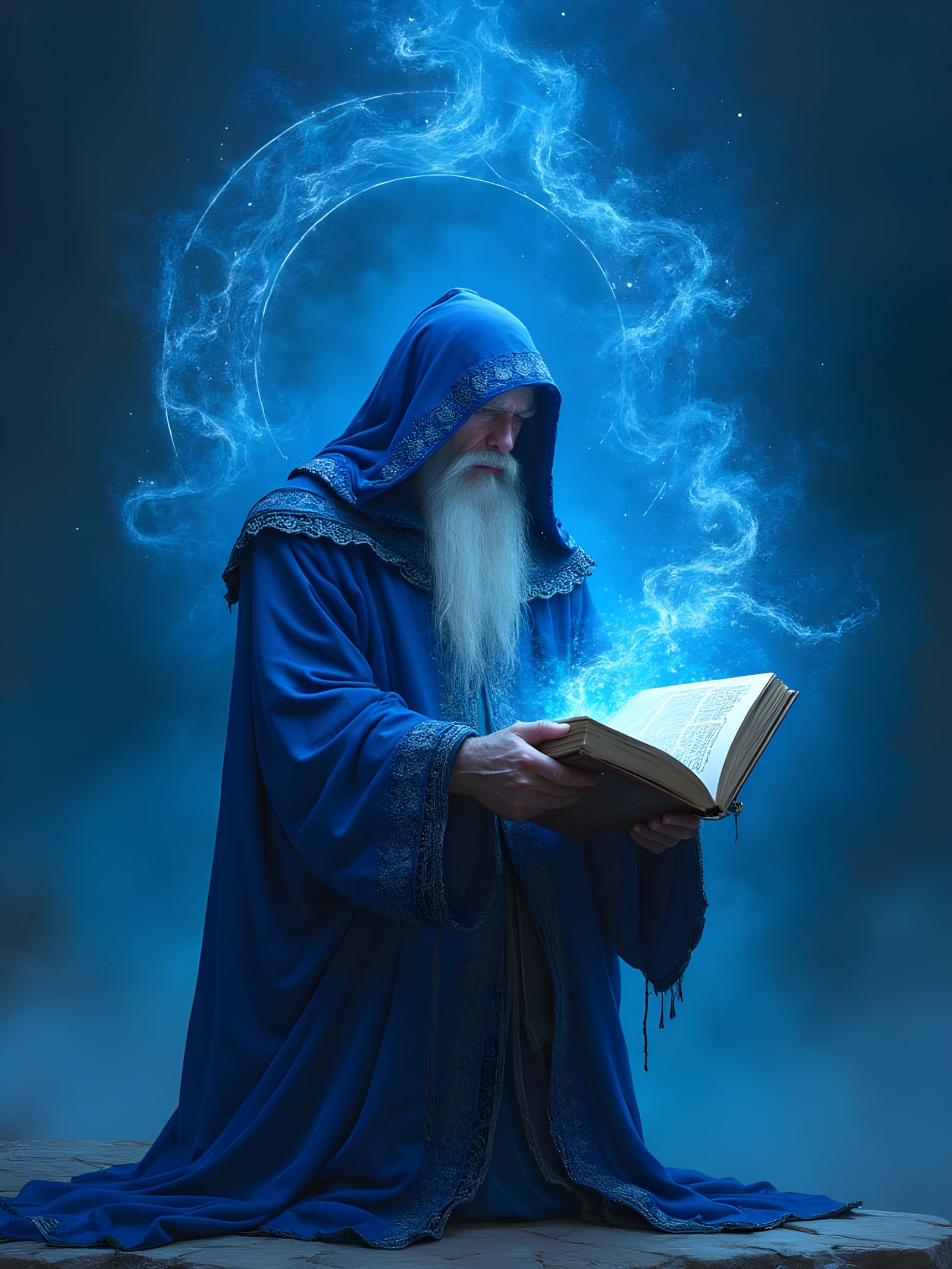 Mysterious Scholar Unveils Ancient Secrets in Ethereal Blue