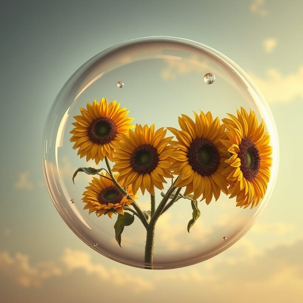 Sunflowers in Bubbles: Hyperrealistic 3D Digital Art