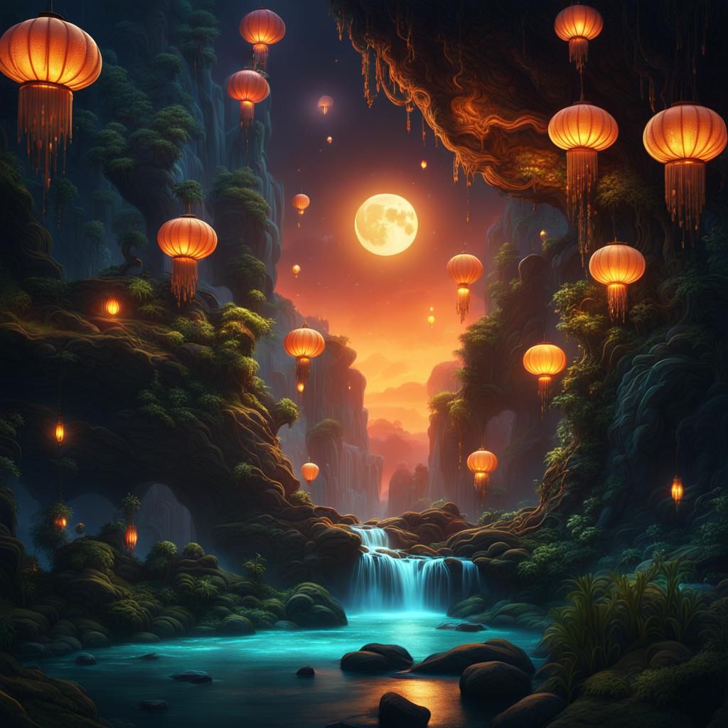 Moonlit Waterfall with Magical Orbs in Fantasy Forest