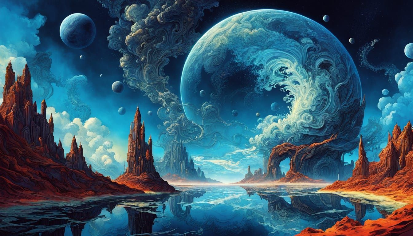 Cosmic Entity Merging Sea, Sky, and Earth in Surreal Style