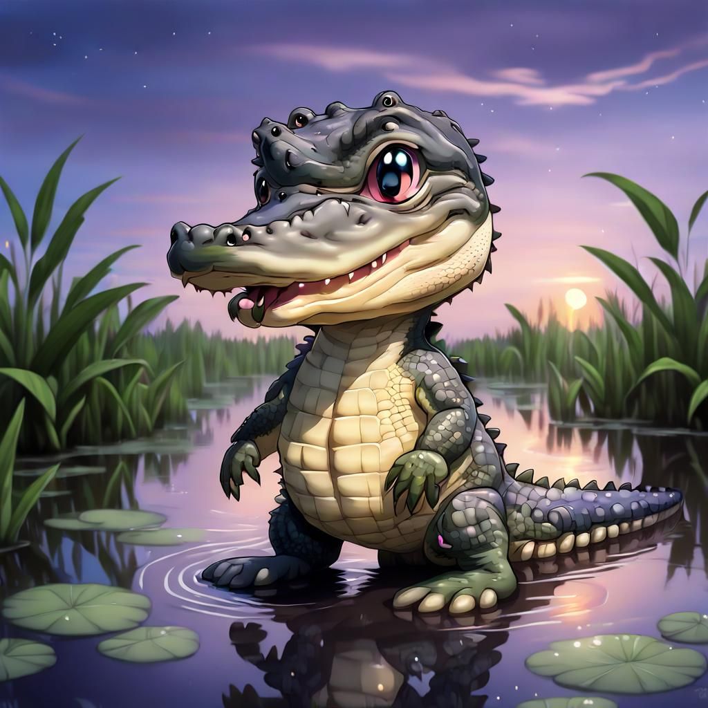 ((Chibi:1.2)) a cute alligator, wading in the summertime everglades, with a twilight sky,
