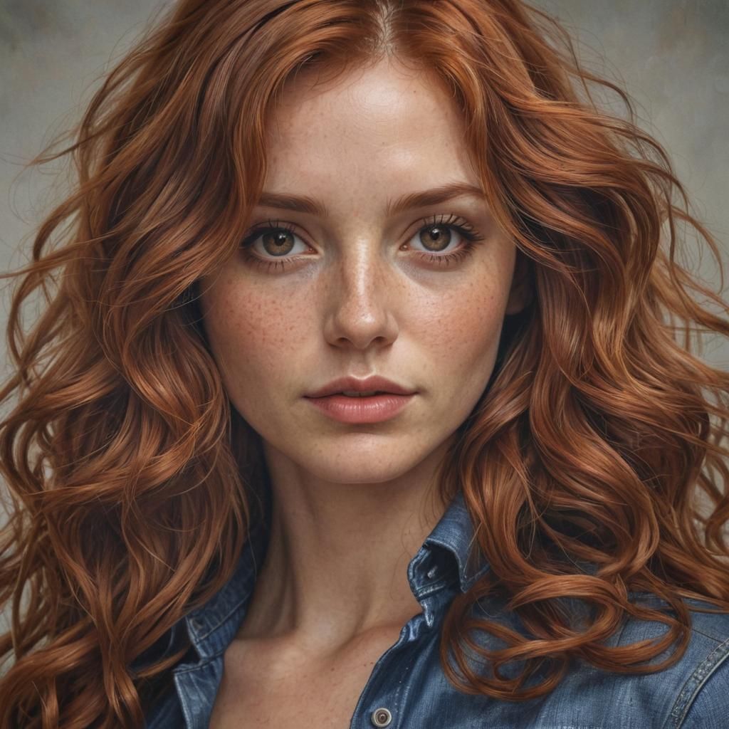 Hyperrealistic Redhead with Wavy Hair in Denim Dress