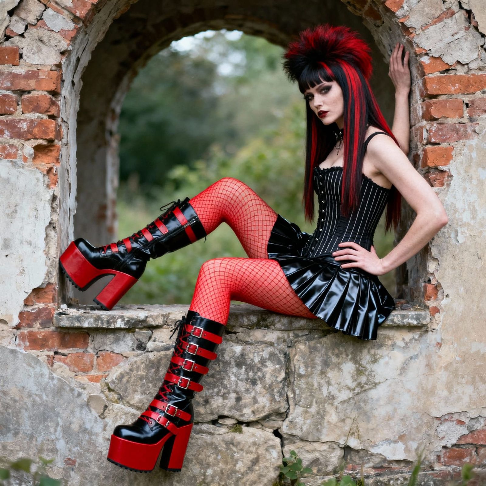 Gothic Fashion Model in Ruined Archway, Red Hair, PVC Skirt