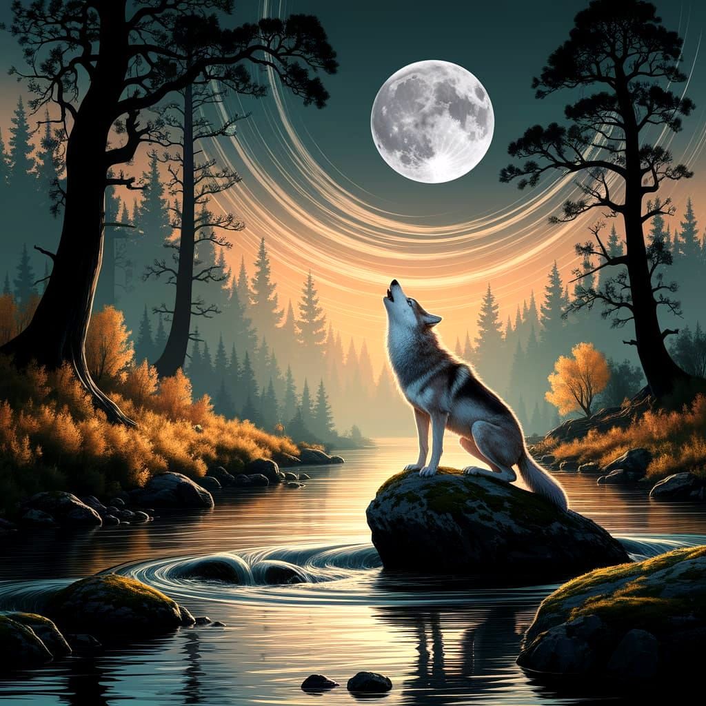Moonlit Wolf Howl in Fantasy Forest