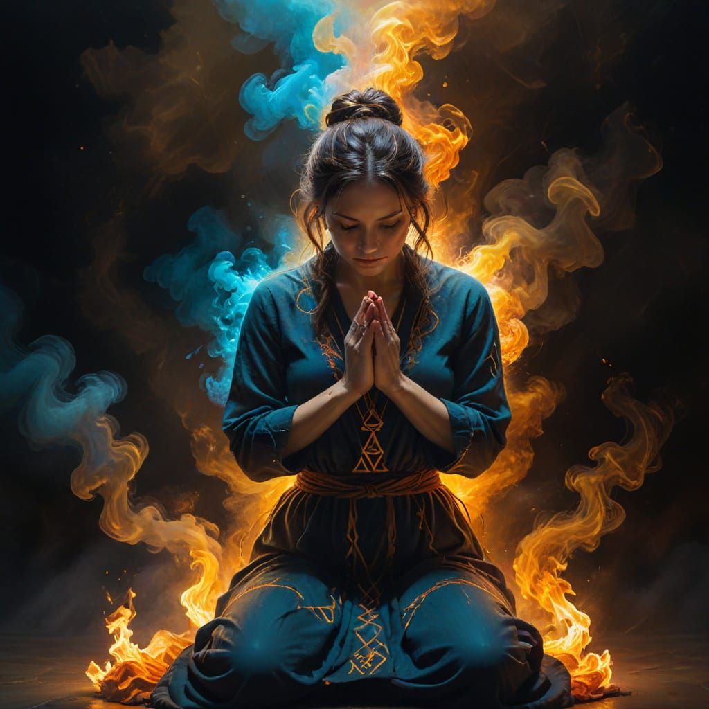 Praying Figure in Surreal Triadic Oil Painting