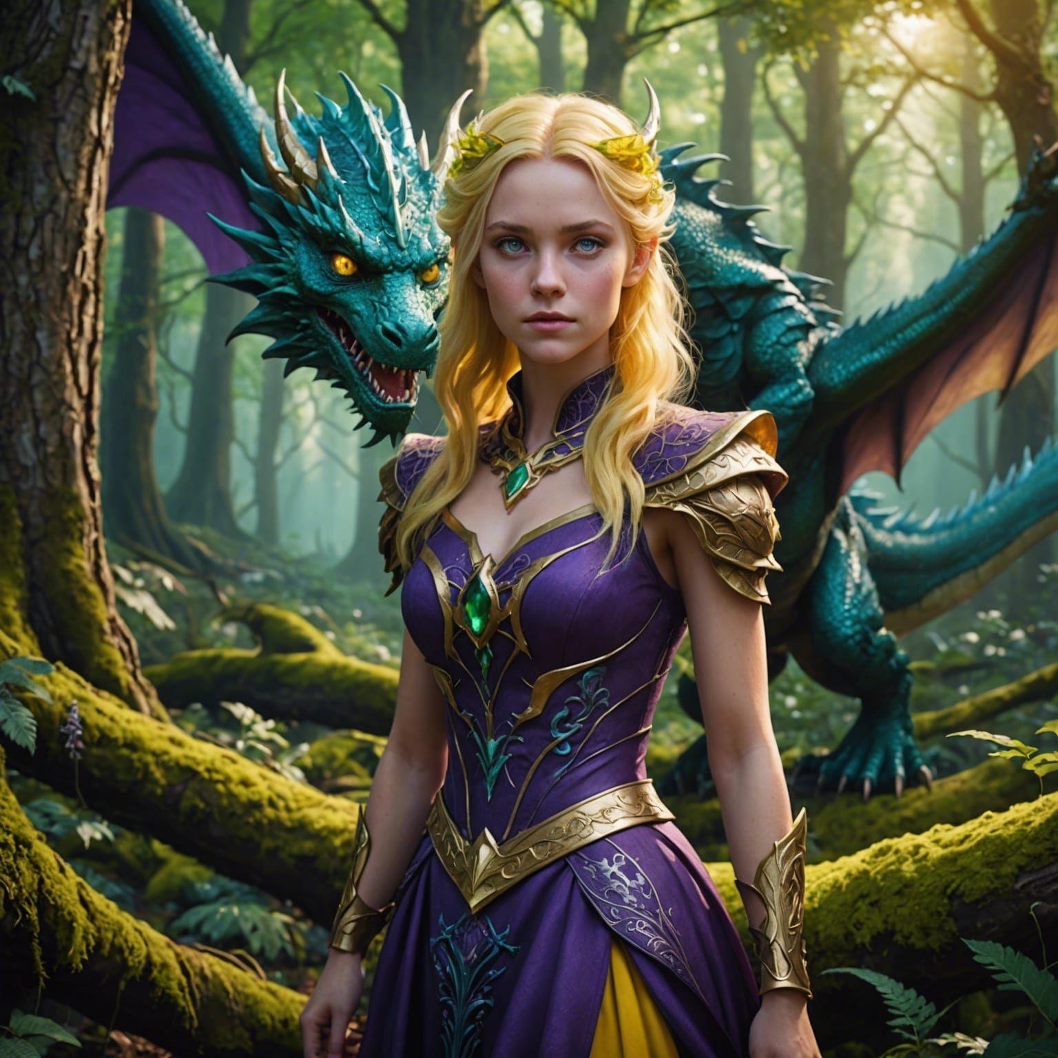 Emerald Dragon and Girl in Forest, Fantasy Art