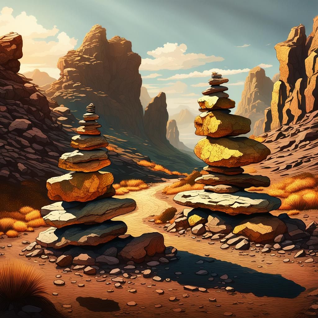 Mystical Rock Cairns at Mountain Crossroads
