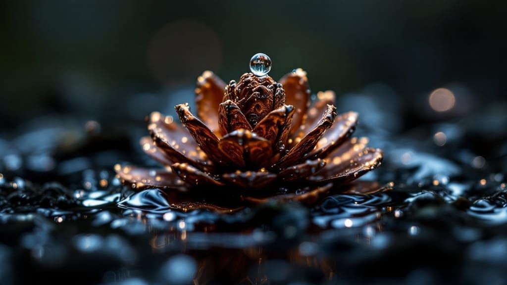 Surreal Pine Cone Hides Golden Water Drop in Depth