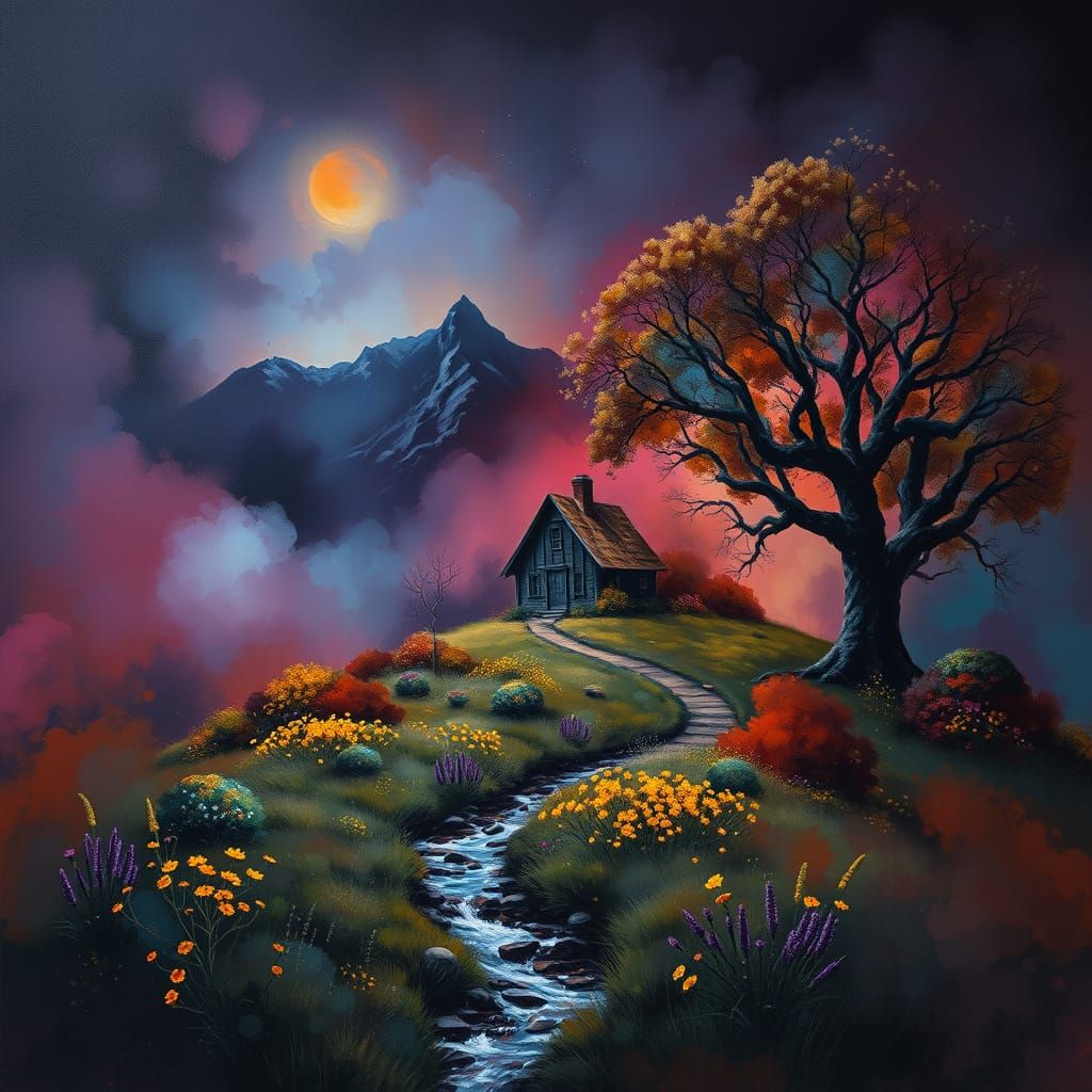 Ethereal House on Hill in Foggy Night Landscape