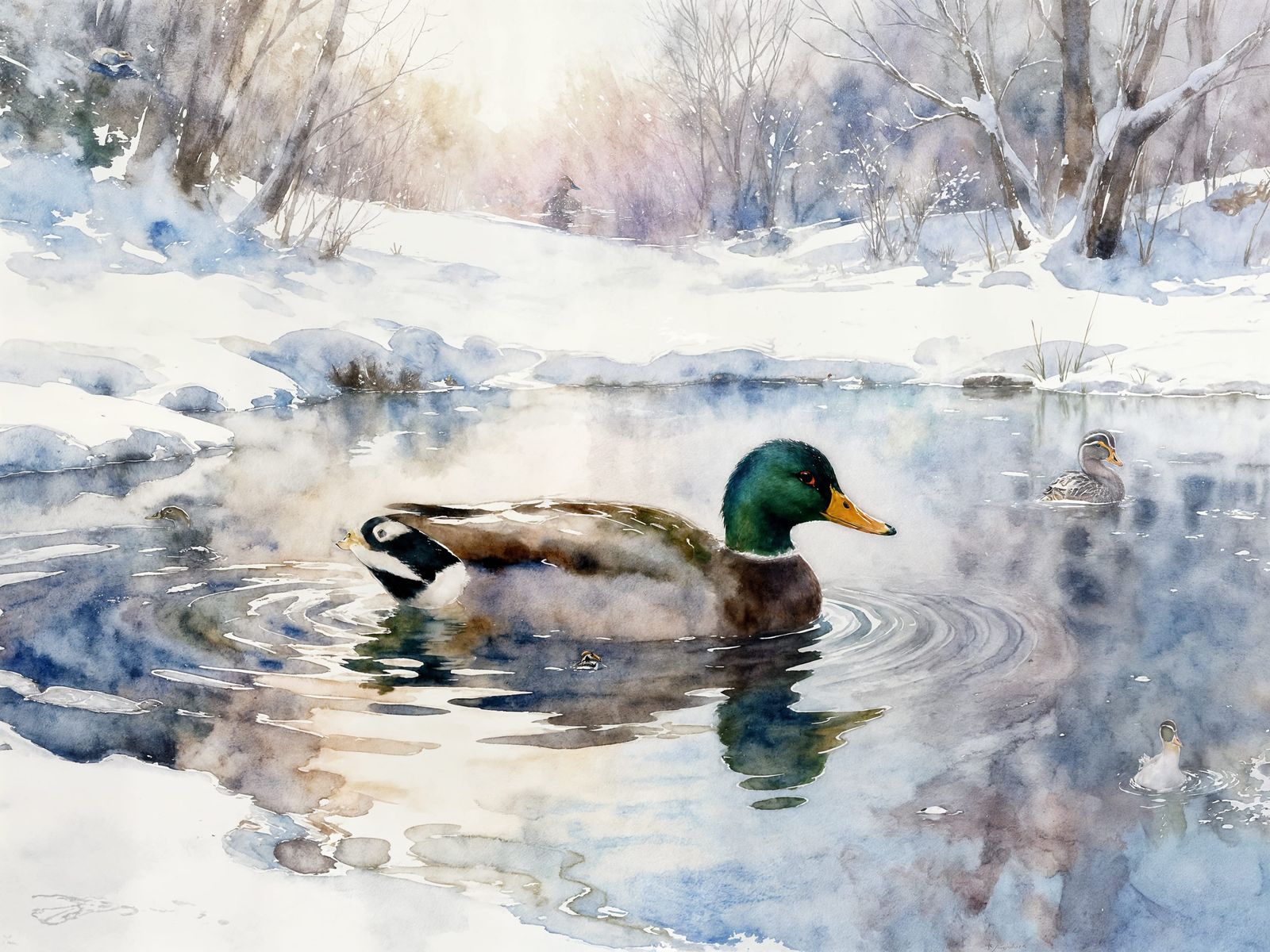 Duck Swimming in Snowy Winter Pond Watercolor Painting