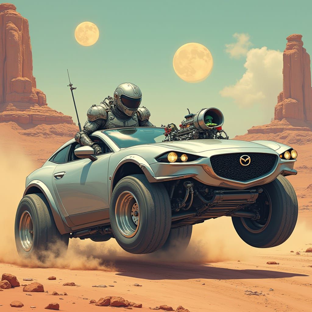 Futuristic Bounty Hunter Drives Hot Rod on Alien Planet