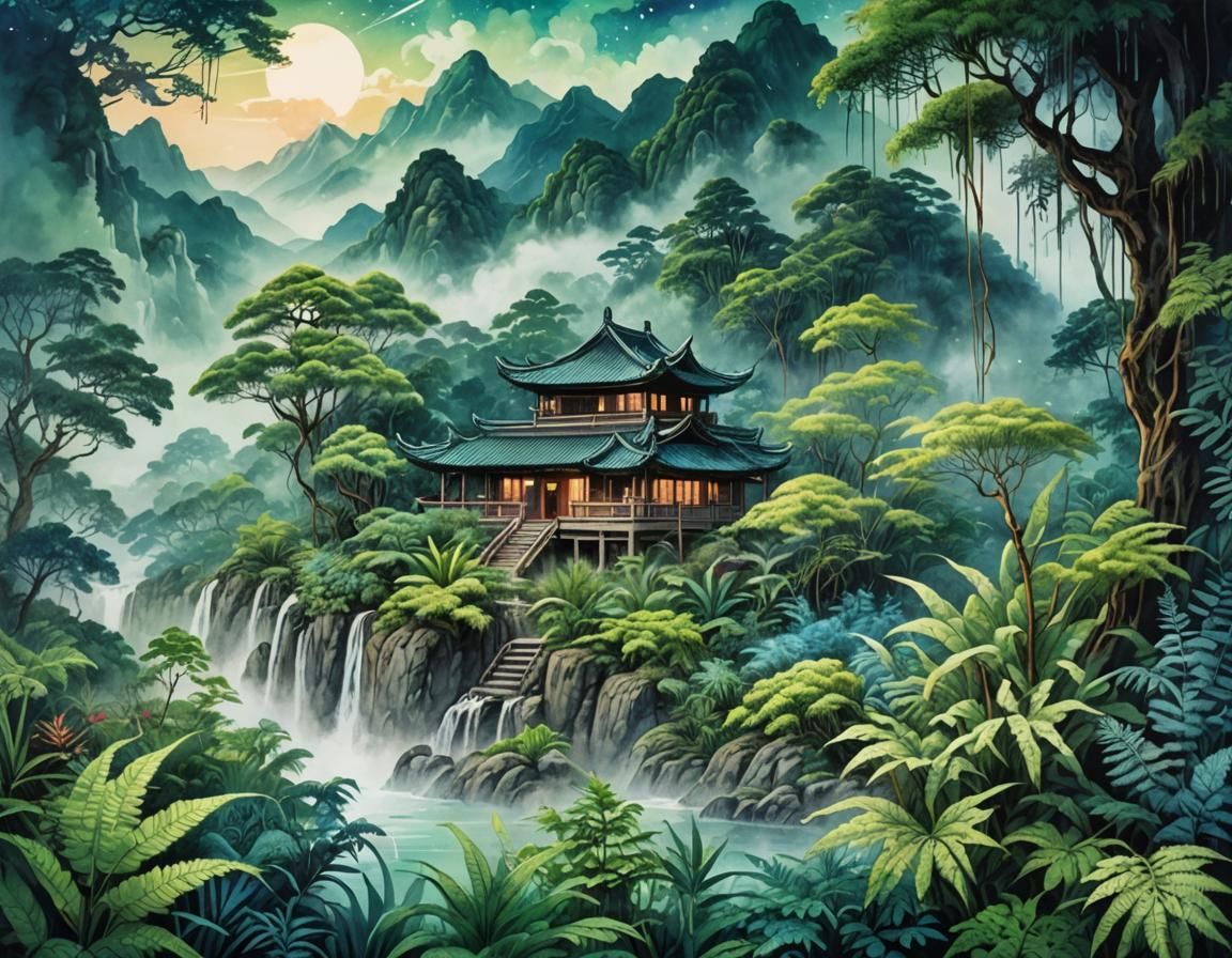 Fern & Bamboo House: Chinese Ink Painting