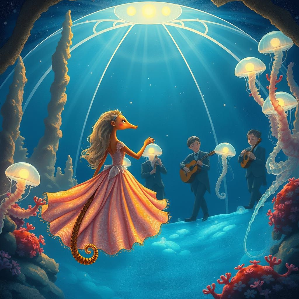 Underwater Ballroom: Seahorse Waltz in Ghibli Style