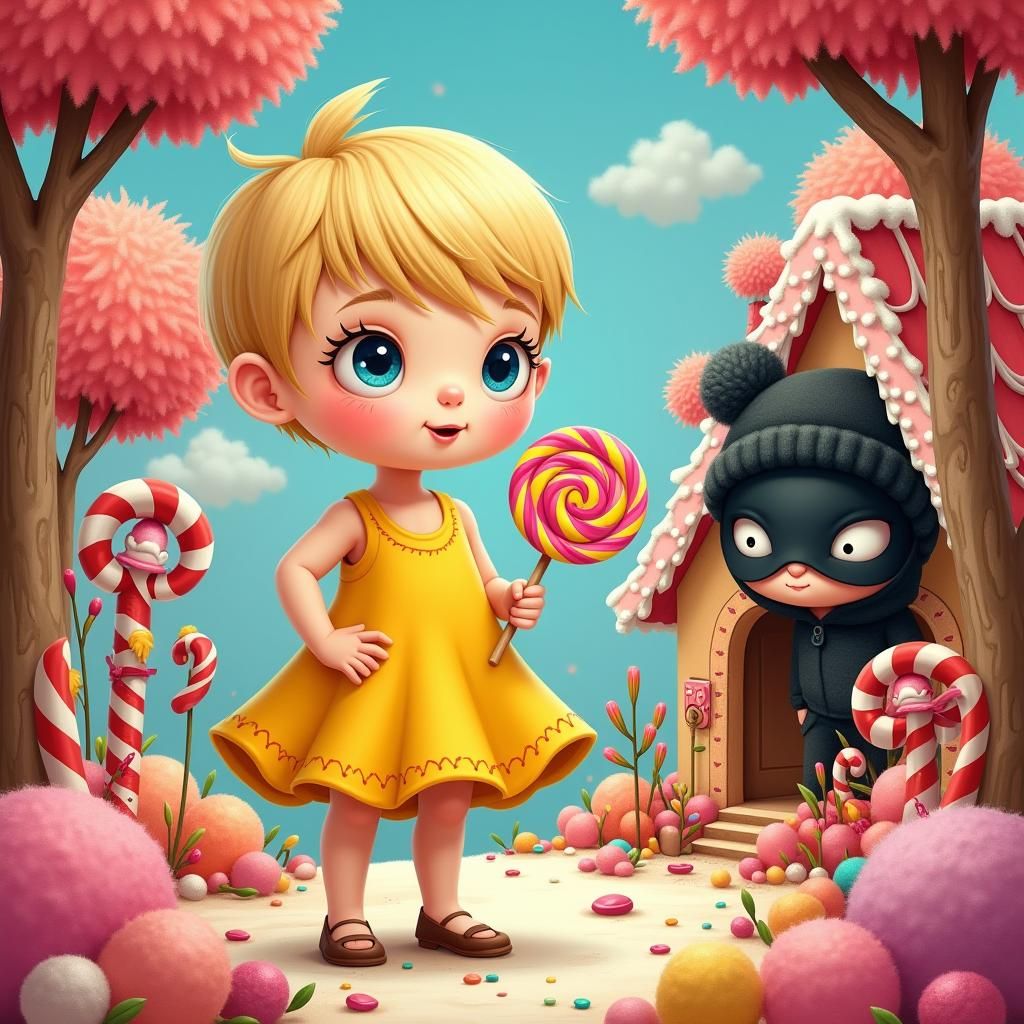 Whimsical Candy Wonderland with Boy and Candy Thief