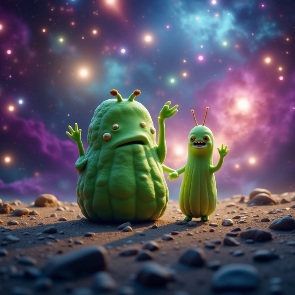 Smiling Tardigrade and Super Pickle in Cosmic Digital Art