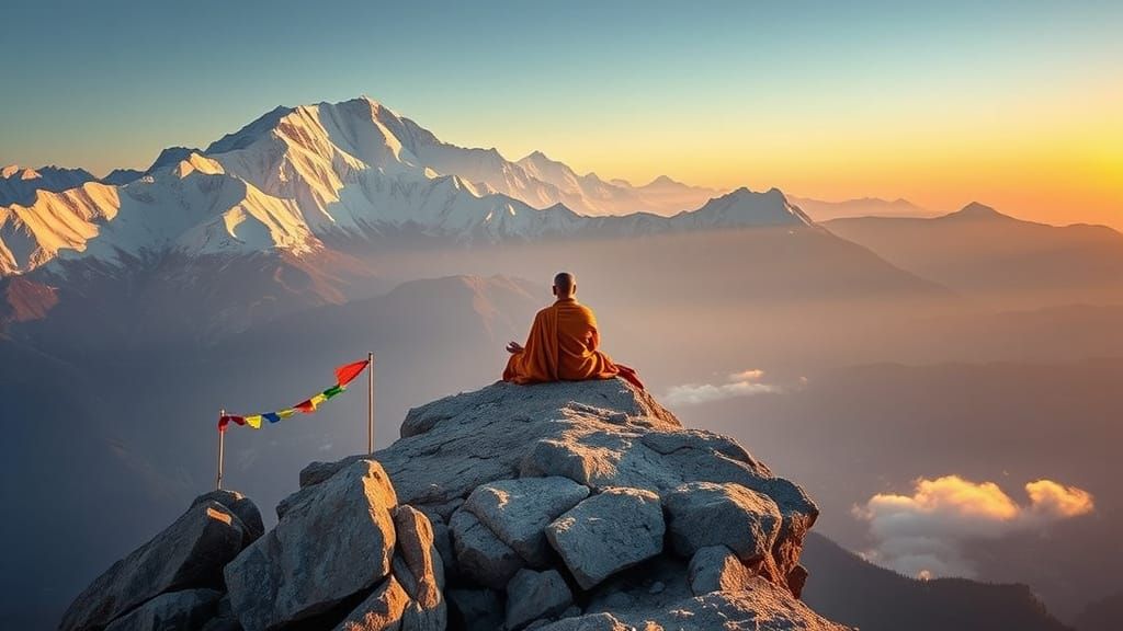 Buddhist Monk Meditating at Sunrise in Himalayas