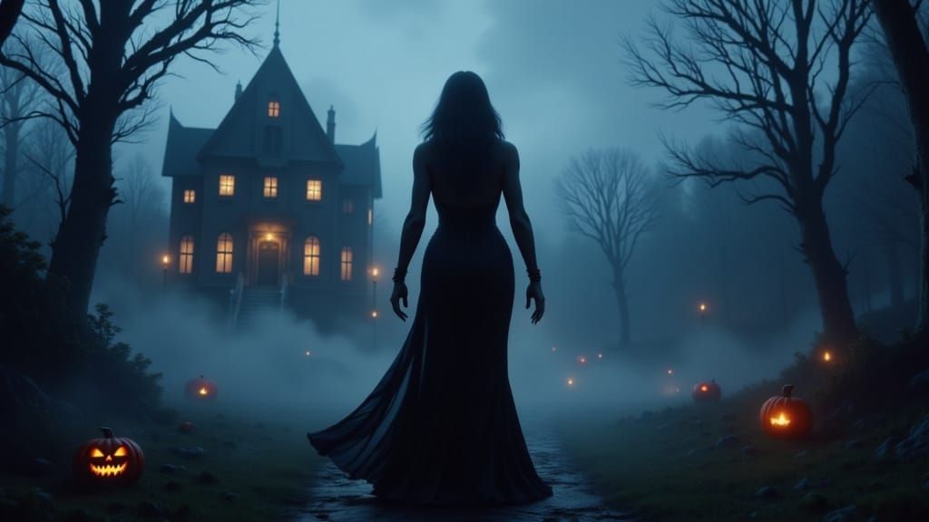 Morticia Addams Walks Through Foggy Haunted House