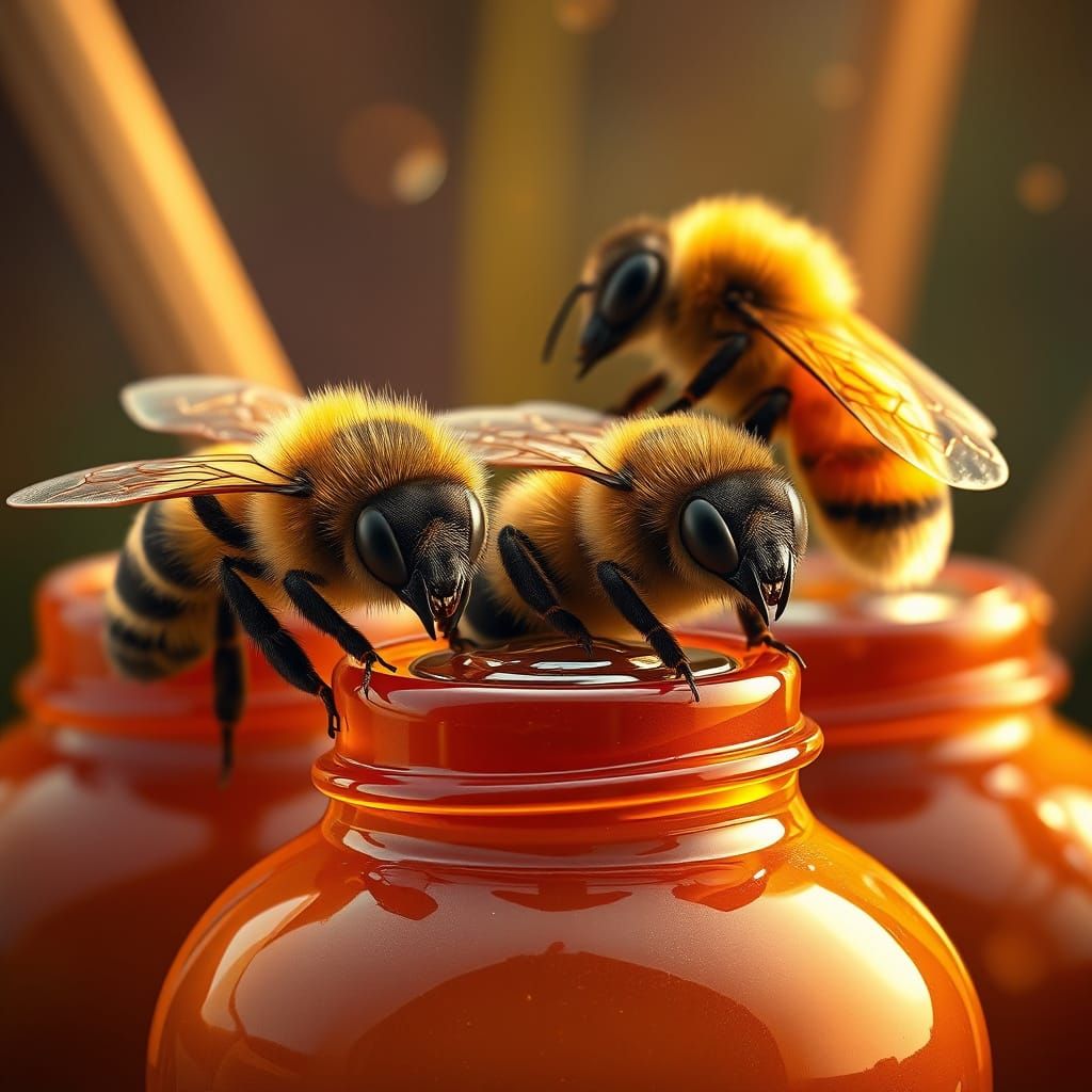 Vibrant Bees Adorn Honeycombs in Hyperrealistic Splendor