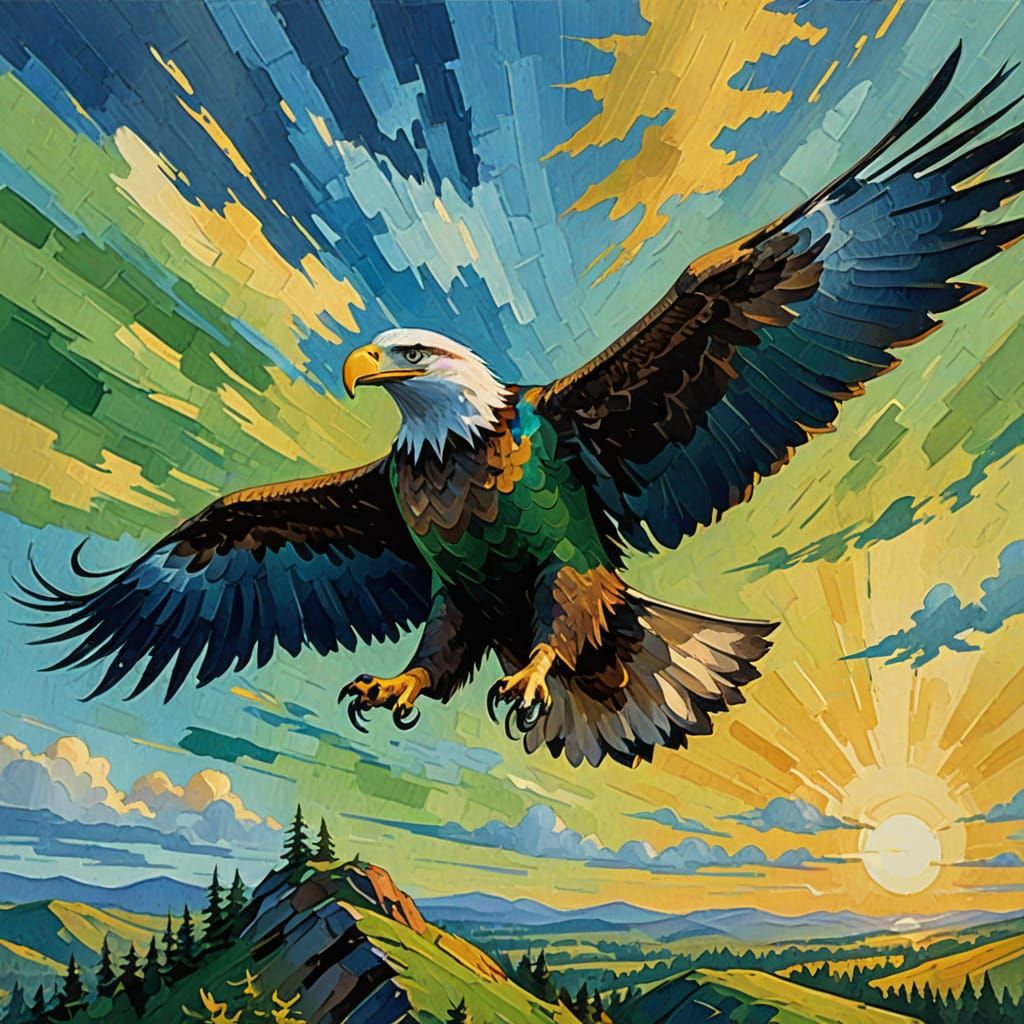 Eagles Soaring in Gouache Style Impressionist Painting