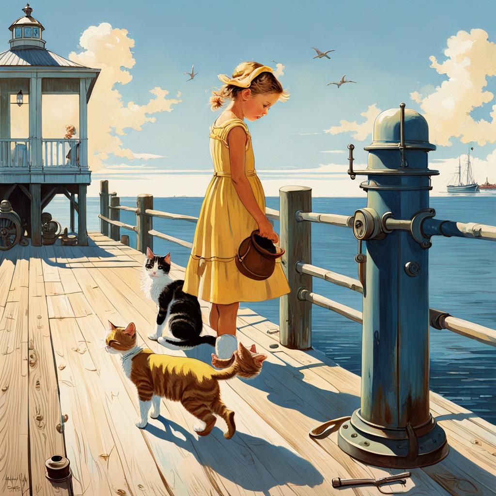 Girl and Kitten at the Pier, Comic Book Art