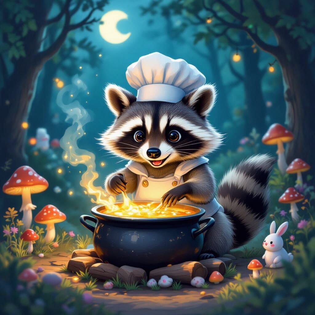 Raccoon Chef Brews Magic Soup in Moonlit Forest