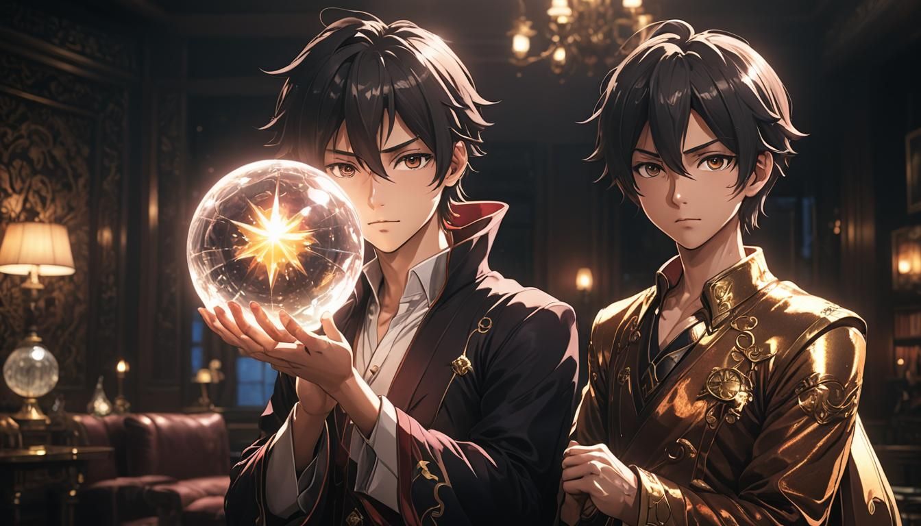 Anime Character with Glowing Orb in Dark Room