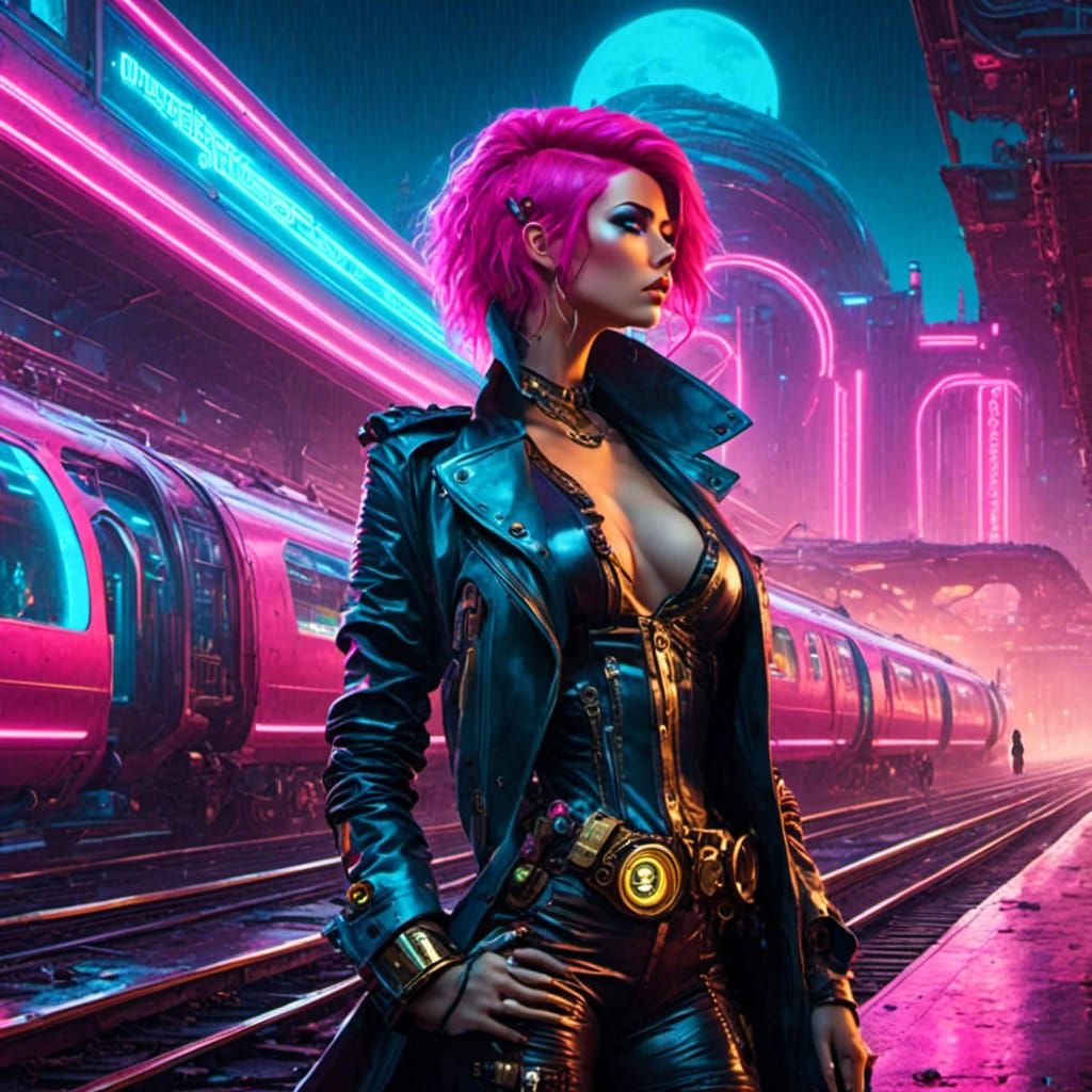 Cyberpunk Cyborg at Neon Train Station