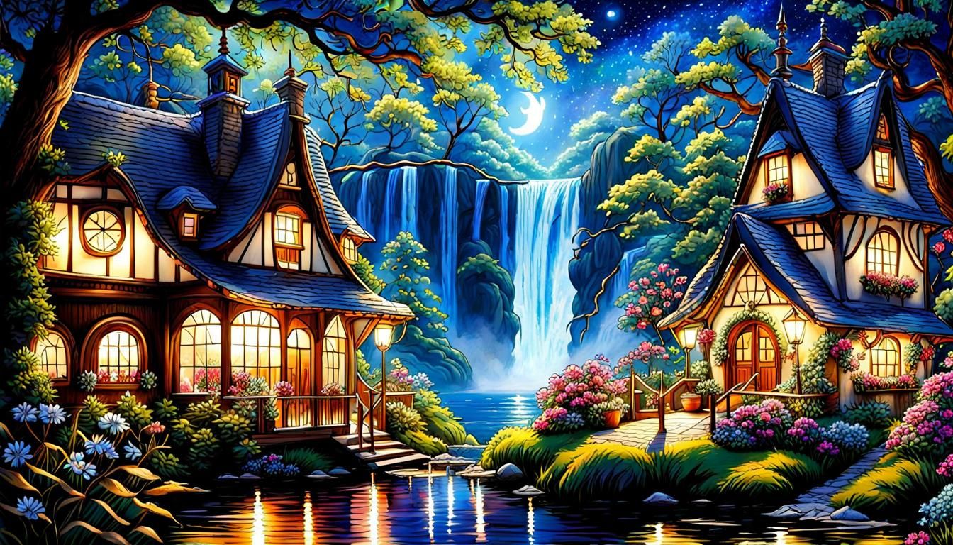 Enchanted Starry Night Cottage, Impressionist Gouache Style