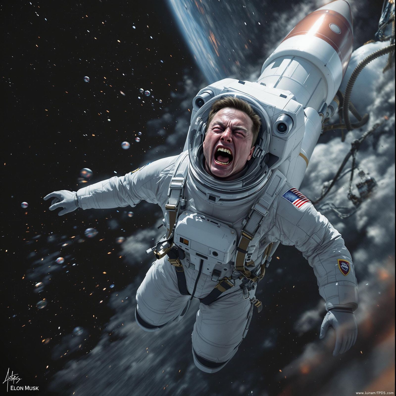 Terrified Astronaut Rocketing Through Space in Hyperrealism